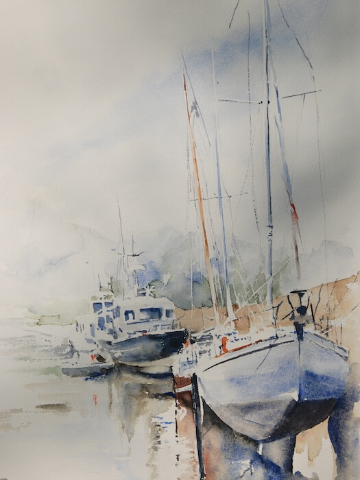 Bootjes in Bretagne, Frankrijk (aquarel)