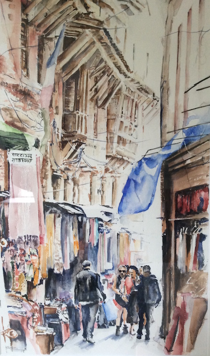 Straatje in Nepal / aquarel