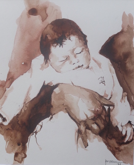 Slapende baby (aquarel in bister)